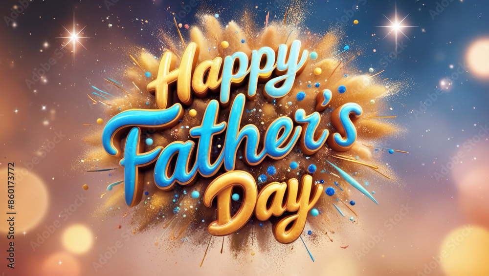 Fototapete A vibrant 'Happy Father's Day' animation text crafted with 3D digital calligraphy in a playful, handwritten style, adorned with a whimsical dust sprinkle particle effect that bursts forth in a joyful