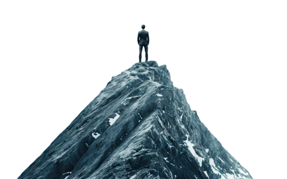 Businessman standing on top of a mountain peak, cut out