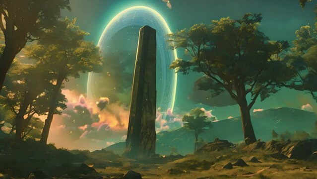 A mystical monolith with glowing rings stands in a forest