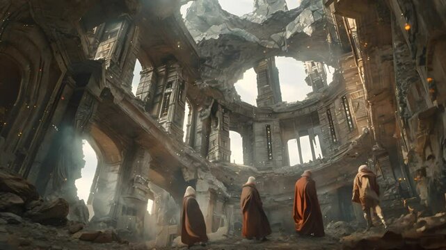 A group of robed figures explores ancient ruins, evoking mystery and grandeur
