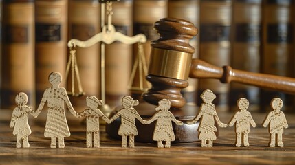 Divorce proceedings in court, where a judge's gavel separates a family.