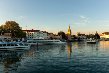 The harbor of Lindau at the Lake Constance with lighthouse and statue of bavarian lion. Germany