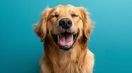 Obraz premium Funny and joyful Golden Retriever. Isolated against blue background. Dog. Pet. Canine.