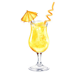 cocktail with a straw decorated with an umbrella, watercolor hand drawn illustration of summer refreshing beverage in a glass, sketch of yellow tropical drink, food illustration, white background