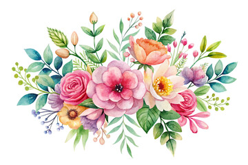 Beautiful watercolor flowers painted on white. Artistic watercolor flowers are set against a transparent background.