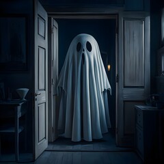 scary halloween ghost, white ghost in the doorway.