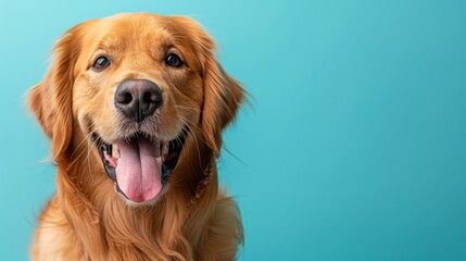 Funny and joyful Golden Retriever. Isolated against blue background. Dog. Pet. Canine.