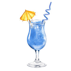 cocktail blue Curacao with a straw decorated with an umbrella, watercolor hand drawn illustration of summer refreshing beverage in a glass, sketch of blue tropical drink, white background
