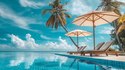 Fototapeta premium A luxurious holiday in the Maldives surrounded by a heavenly landscape with a swimming pool, sky and clouds. Perfect atmosphere to relax.
