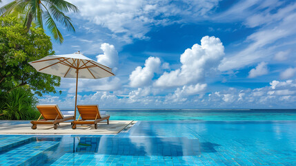 Obraz premium A luxurious holiday in the Maldives surrounded by a heavenly landscape with a swimming pool, sky and clouds. Perfect atmosphere to relax.