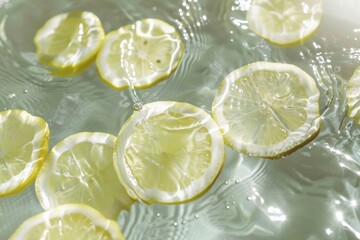 A close-up shot of fresh lemon slices floating in a clear, still water with ripples