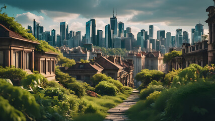 Obraz premium a cityscape overtaken by nature and wildlife.