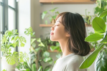 Fototapeta premium A young woman stands near a window, surrounded by plants, taking a deep breath of fresh air