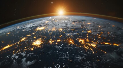 A breathtaking sunrise viewed from space, with Earth's various cities illuminated, representing...