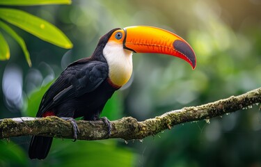 Naklejka premium Colorful Toucan Perched On Branch In Tropical Rainforest