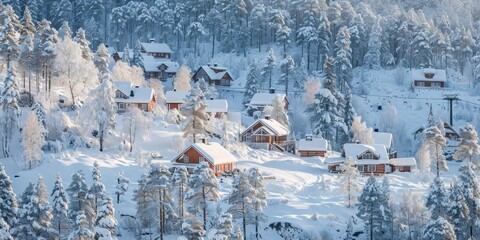 A snowy landscape with a small village of houses generated by AI