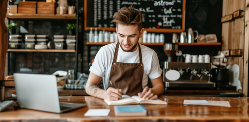 Obraz premium A barista wearing a brown apron stands behind a counter in a coffee shop, writing in a notebook