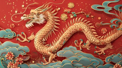 A golden dragon amid clouds on a red background