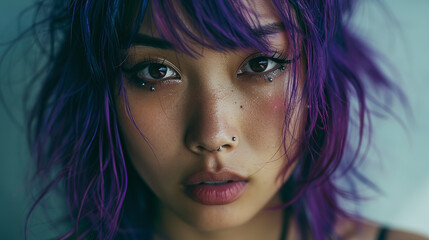 Naklejka premium A woman with purple hair, nose piercing, light smile, natural makeup.