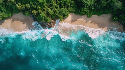 visually stunning top down aerial photography of tropical waves lapping on a white sand beach