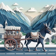 A happy Farmer with a bullock cart village mountain illustration high-quality image, Generative Ai