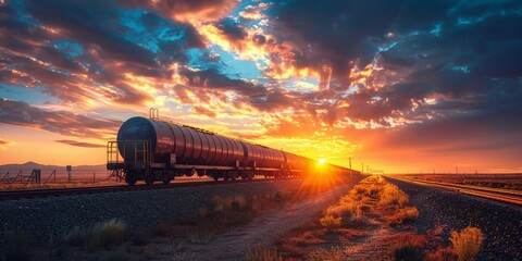 Freight Train Journey at Sunset with Stunning Sky and Vibrant Colors in the Desert