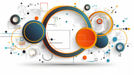 A geometric design with interconnected circles and lines in blue, orange, and white, creating a techy vibe.