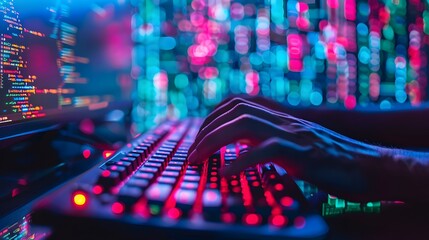 Glowing Neon Hacker Keyboard with Intense Cybersecurity Theme on Digital Background