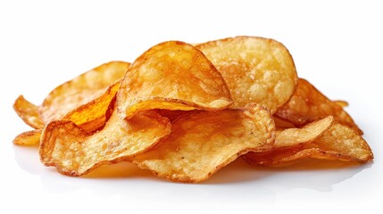 A close-up image of crispy, golden potato chips, lightly salted and arranged against a clean, white background, showcasing their texture and crunchiness.