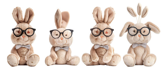 Fototapeta premium stuff bunnies with glasses in a row isolated png transparent background