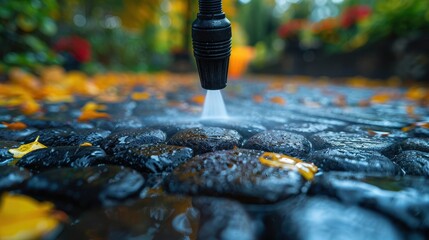 An action-oriented image showing high-pressure water cleaning stones in a garden path, emphasizing the difference between the cleaned and untouched sections along the pathway.
