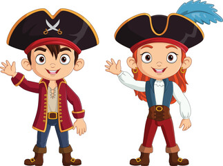 Illustration of little pirate couple waving hands