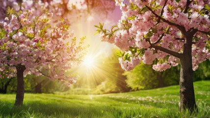 Fototapeta premium Blooming Pink Sakura Against Blue Sky