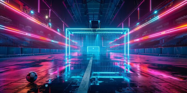 Futuristic Soccer Arena with Neon Lights and Glowing Goalposts