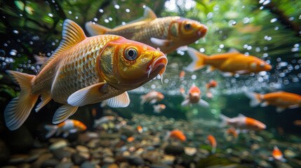 Naklejka premium Golden koi fish swim gracefully in a clear pond with a rocky bottom and lush aquatic plants, capturing the serene and tranquil environment of underwater life.