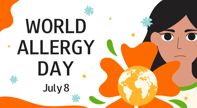 World allergy week. July 8. Horizontal background with girl, flowers and world map. Design for banner, poster, flyer. 