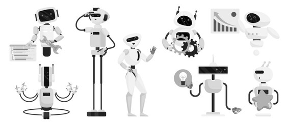 Chatbot characters, different AI assistant set. Cute futuristic monochrome robots with friendly and happy faces in chat conversation, holding light bulb, gear and star cartoon vector illustration