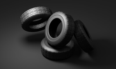 Set of new car tires on a dark background. 3d rendering