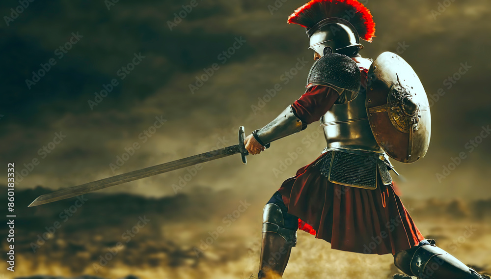 Wall mural Spartan man in gladiator helmet and red long cloak standing with steel shield and iron spear, sword in hands. Strong roman warrior in battle dress. 1 one, alone greek legionary soldier ready to fight.