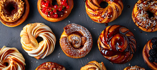 Fototapeta premium A variety of cinnamon twists with different fillings and toppings