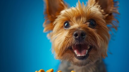 Naklejka premium Yorkshire Terrier. Close up, isolated against blue background. Dog. Canine. Pet.