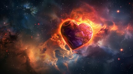 Obraz premium A heart-shaped planet engulfed in flames, floating amidst the stars and a swirling nebula