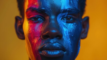 Obraz premium An artistic abstract backdrop featuring a blurred face with contrasting colors of blue and orange, creating a striking visual effect highlighting mood and emotion.