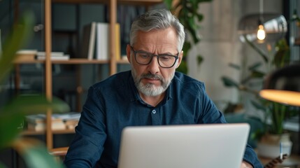 Fototapeta premium Elderly man working on laptop at home office. He is focused and committed to his task. Home office setup shows bookshelves and greenery. Ideal for articles on remote work or mature professionals. AI