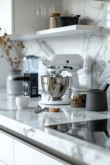 Modern Kitchen Counter with Blender, Mixer, and Jar of Granola on a Marble Surface