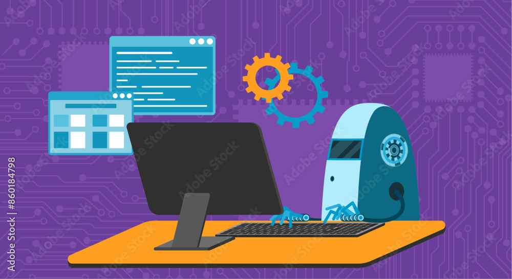 Leinwandbilder Automated work of software, automation of business project development, futuristic machine learning process. Cute robot at table using keyboard to type and working cartoon vector illustration