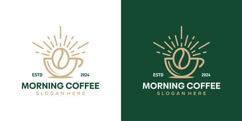 Obraz premium Coffee morning logo design template. Coffee with sun, coffee cafe design graphic vector. Symbol, icon, creative.
