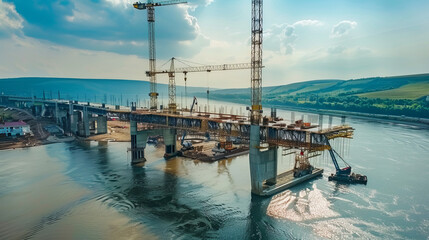 Obraz premium The construction process of the bridge across the river: teams of workers, cranes, lifting materials, asphalt laying equipment, concrete mixers and supports in the frame.