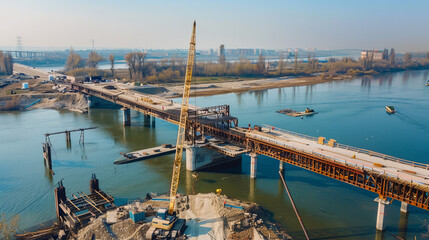 Naklejka premium work crews are building a bridge across the river, laying the road surface. Cranes are lifting beams, special equipment is ready, the process is in full swing.