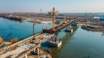 Naklejka premium In the photo, the bridge over the river is under construction. Work crews are visible, installing supports, asphalt laying equipment, cranes and construction machines.